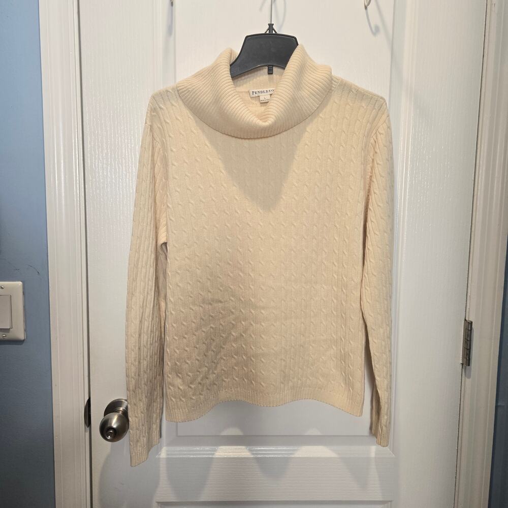 Pendleton Cream Cashmere turtleneck cableknit sweater sz L